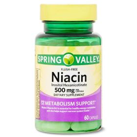 Spring Valley Niacin Inositol Hexanicotinate Metabolism Support Dietary Supplement Capsules, 500 mg, 60 Count - Spring Valley