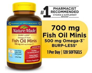 Nature Made Burp Less Omega 3 Fish Oil Supplements 700 mg Minis Softgels, 120 Count - Nature Made