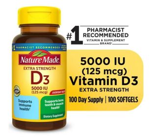 Nature Made Extra Strength Vitamin D3 5000 IU (125 mcg) Softgels, Dietary Supplement for Bone and Immune Health Support, 100 Count - Nature Made