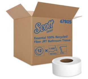 Scott Essential 100% Recycled Fiber JRT Bathroom Tissue for Business, Septic Safe, 2-Ply, White, 1000 ft, 12 Rolls/Carton - Scott